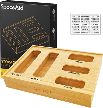 SpaceAid Bag Storage Organizer for Kitchen Drawer, Bamboo Organizer, Compatible with Gallon, Quart, Sandwich and Snack Variety Size Bag (1 Box 5 Slots)