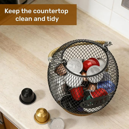 Coffee Pod Holder, K Cup Organizer Basket with Handle Wooden Base, Sturdy Metal Wire Capsule Pod Storage Container for Kitchen Countertop, Office, Coffee Bar