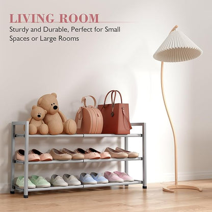 Bumusty 3-Tier Expandable Shoe Rack for Closet, 18“-33” Adjustable Shoe Rack for Small Space, Small Shoe Organizer for Front Door, Sturdy Metal, Light Grey