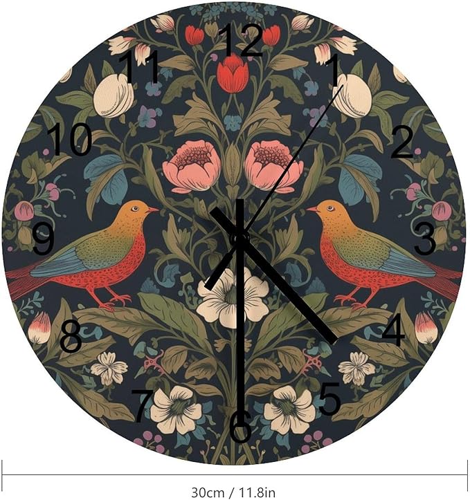 William Morris Wall Clock, Vintage Art Rustic Floral Botanical Bird Round Clocks Wall Decor Silent No Ticking 12 Inch Wooden Clock for Bedroom Living Room Home Office