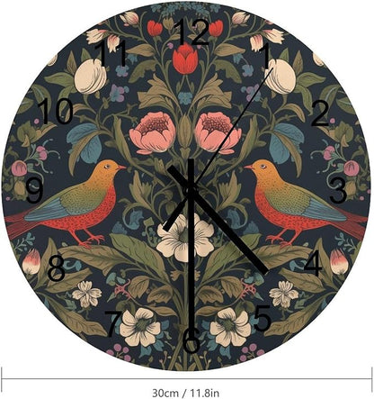 William Morris Wall Clock, Vintage Art Rustic Floral Botanical Bird Round Clocks Wall Decor Silent No Ticking 12 Inch Wooden Clock for Bedroom Living Room Home Office