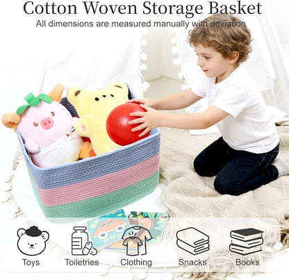 Hopegiver 1 Pack Rainbow Woven Storage Baskets for Shelves, 15x11x10 Inch Cotton Rope Decorative Organizer Bins for Blanket Clothes Book Baby Pet, Colorful Toy Basket for Playroom, Kids Room, Nursery