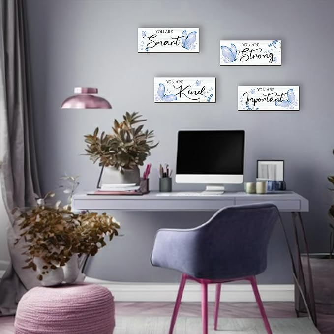 DONFENTHY 4 Pcs Butterfly Wall Decor Blue Room Decor Wooden Positive Decor with Butterfly Inspirational Word Sign for Teen Girls Women Room Bathroom Bedroom Office Decor(Blue,10x4 Inch)