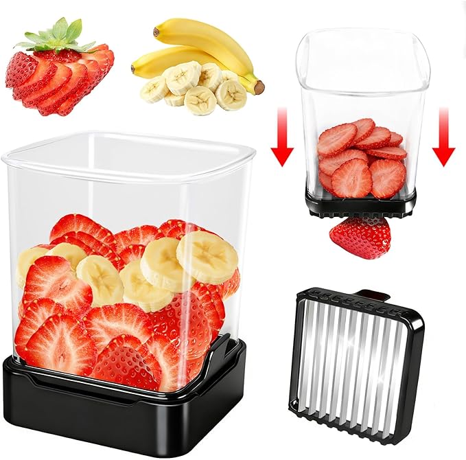 Fruit Slicer Cup for Strawberry, Banana, Hard-Boiled Egg - Detachable Cutter with Push Plate - 304 Stainless Steel Blade - Rapid & Safe Slicing Kitchen Gadget for Quick Meal Prep (Black)