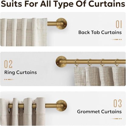 Zeerobee Curtain Rods for Windows 32 to 48, 1 Inch Industrial Wrap Around Warm Gold Curtain Rod, Indoor/Outdoor Room Divider Adjustable Drapery Pole, 32"-48"