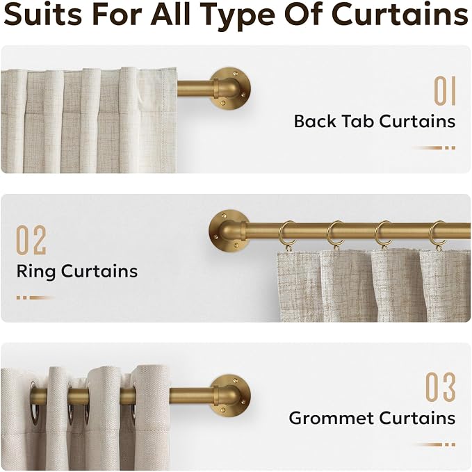 Zeerobee Curtain Rods for Windows 66 to 120, 1 Inch Industrial Wrap Around Warm Gold Curtain Rod, Indoor/Outdoor Room Divider Adjustable Drapery Pole, 66"-120"