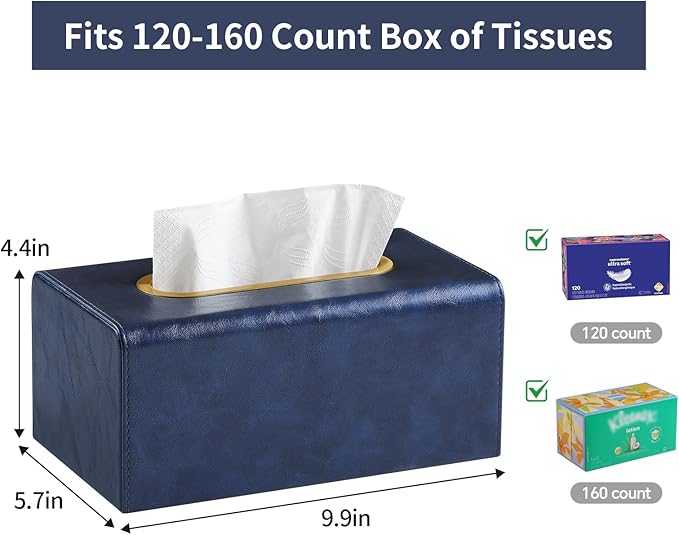 Rectangle Tissue Box Cover for 120-160 Count Box of Tissues, Luxury PU Leather Tissue Holder with Magnetic Closure (Dark Blue)
