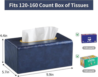 Rectangle Tissue Box Cover for 120-160 Count Box of Tissues, Luxury PU Leather Tissue Holder with Magnetic Closure (Dark Blue)