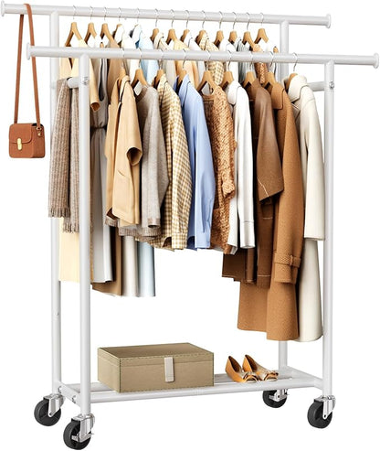 HYSEYY Clothes Rack, Double Rods Rolling Clothing Rack for Hanging Clothes, Portable Garment Rack with Wheels, Coat Rack Wardrobe Closet Load 240 LBS for Bedroom Laundry Room (White, L)
