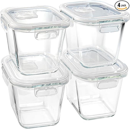 Soup Containers with Lids Glass 32 oz, 4 Cup Borosilicate Glass Food Storage Containers, Microwave & Freezer Safe Jars, Small Square Meal Prep Bowl for Salad, Fruit, Lunch, Ice Cream, Travel, 4 Pack