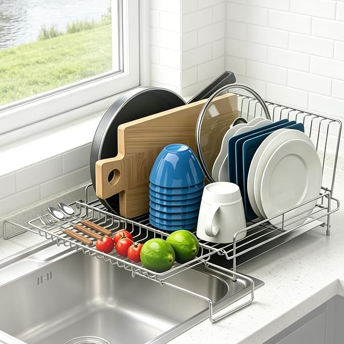 Dish Drying Rack - Stainless Steel Expandable Large Dish Drainer for Kitchen Counter, with Stainless Drain Board Rustproof Collapsible Organizer Space Saving