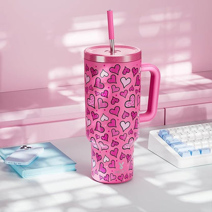 Meoky 40 oz Tumbler with Handle and Straw: Stainless Steel Insulated Tumbler with Lid and Straw - 100% Leak Proof Tumbler for Car Cup Holders - Travelers Commuters Workers, Blush Heart
