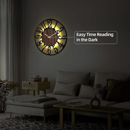30'' Large Silent Wall Clock with Night Light, Glow in The Dark Decorative Wall Clock Battery Operated, Rustic Modern Metal & Wood Clocks for Bedroom Living Room Decor, Arabic Numerals