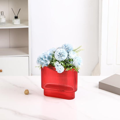 Ribbed Vase, Red Glass Vase for Flowers, Red Flower Vases for Tulips, Modern Vases for Living Room, Dining Table, Office, Bedroom, Mantle, Shelf, Wedding, 7 Inch