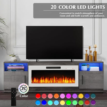 LEMBERI 70" Grey TV Stand with 36" White Electric Fireplace, 750W/1500W Entertainment Center for TVs up to 80", 20-Color LED, 300lbs Max Capacity High Gloss Cabinet, Grey & White Style