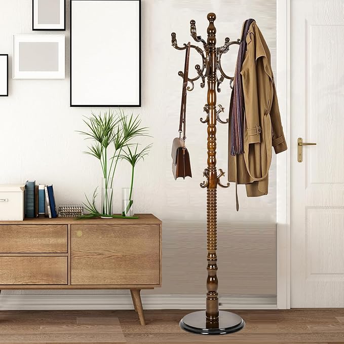 Coat Racks Free Standing with 14 Hooks, Natural Wood Coat Stands for Entryway, Adjustable Height 73 in Tree Coat Rack Stand for Hallway Home Office Bedroom (Antique)