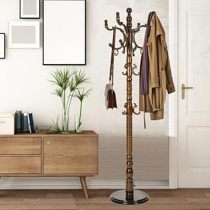 Coat Racks Free Standing with 14 Hooks, Natural Wood Coat Stands for Entryway, Adjustable Height 73 in Tree Coat Rack Stand for Hallway Home Office Bedroom (Antique)