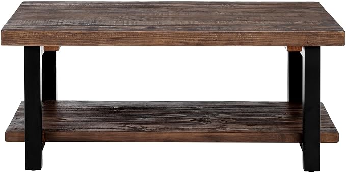 Pomona 42-Inch Rectangular Solid Wood Coffee Table with Storage Shelf & Metal Legs – Rustic Industrial Farmhouse Living Room Table by Alaterre Furniture (Rustic Natural)