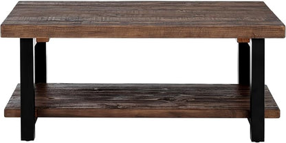 Pomona 42-Inch Rectangular Solid Wood Coffee Table with Storage Shelf & Metal Legs – Rustic Industrial Farmhouse Living Room Table by Alaterre Furniture (Rustic Natural)