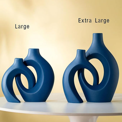 Snuggle Hollow Ceramic Vase Set of 2, 11Inch Nordic Modern Boho ins Style Decorative Ceramic Aesthetic Flower Vases for Home Decor Living Room Shelf Table Decorative (Matte Navy Blue)