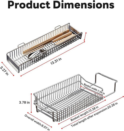 Dish Drying Rack in Sink, Extendable 304 Stainless Steel Dish Drainer for Kitchen Counter, Over The Sink with Utensil Holder, Corrosion Resistant Space Saving Drainage Basket