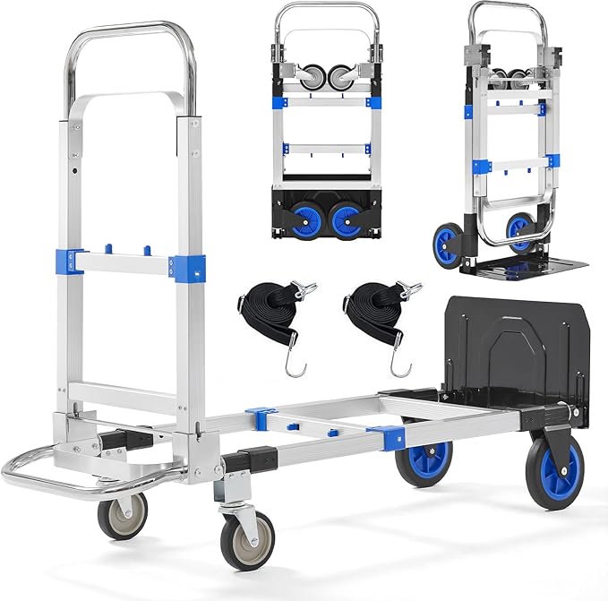 Folding Hand Truck Dolly, 500 lbs Heavy-Duty Convertible Cart, Aluminum Alloy Collapsible Design with Silent Rubber Wheels, Adjustable Handle, Flat Fold for Moving, Home, Office (Blue)