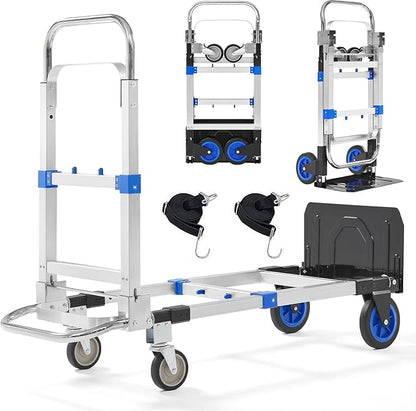 Folding Hand Truck Dolly, 500 lbs Heavy-Duty Convertible Cart, Aluminum Alloy Collapsible Design with Silent Rubber Wheels, Adjustable Handle, Flat Fold for Moving, Home, Office (Blue)