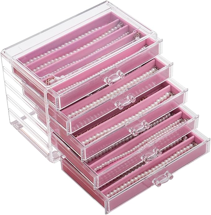 YUFONG Necklace Holder Organizer, Dustproof Necklace Box Velvet Necklace Organizer Box with Lid Clear Acrylic Dustproof Stackable Jewelry Displays for Necklaces Chain Display (Pink, 5 Drawer)
