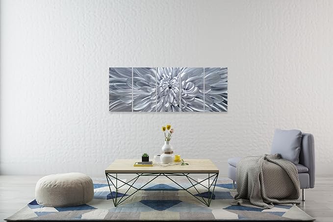 YHSKY ARTS Silver Floral Metal Wall Art - Hand Crafted 5 Piece Aluminum Sculpture Set for Living Room and Bedroom Decor