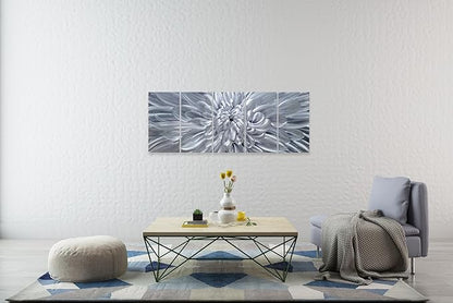 YHSKY ARTS Silver Floral Metal Wall Art - Hand Crafted 5 Piece Aluminum Sculpture Set for Living Room and Bedroom Decor