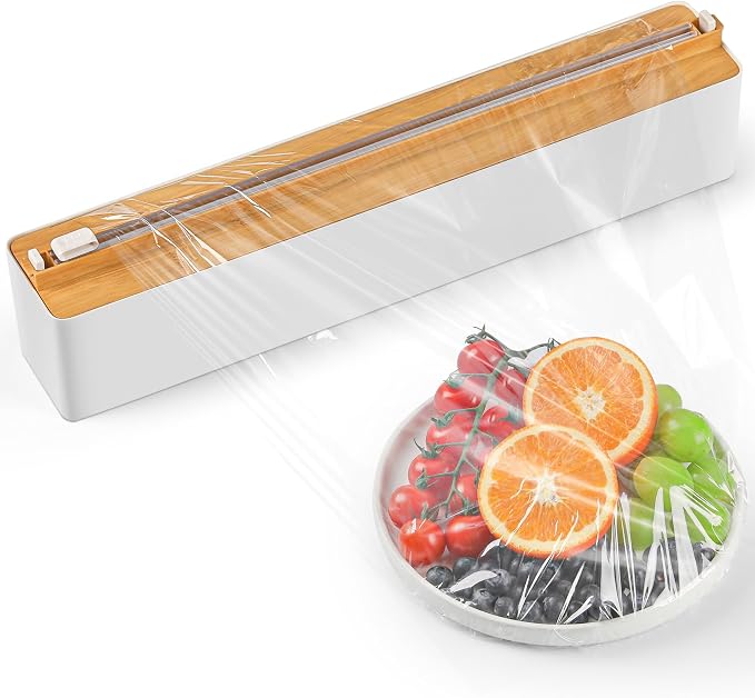 Magnetic Plastic Wrap Dispenser with Cutter - Quasziwa Upgrade Practical Refillable Cling Wrap Aluminum Tin Foil Organizer for Drawer, Include an Extra Roll of 12"X 164' Food Cling Film - Wood Grain