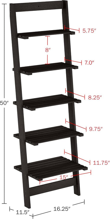 Lavish Home 5-Tier Ladder Shelf – 50" Narrow Leaning Wood Bookcase for Small Spaces, Decorative Storage in Living Room, Office, or Bathroom – Black Modern Display Shelf