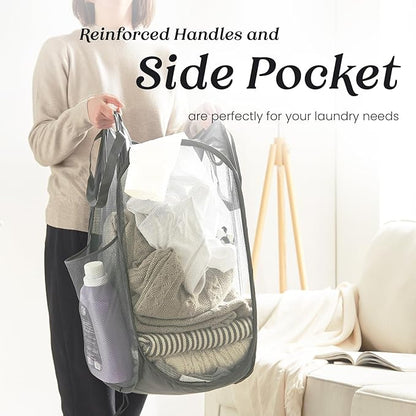 TECHMILLY Collapsible Mesh Pop Up Laundry Hamper with Sturdy Handles and Side Pocket - Portable Foldable Clothes Baskets for Dorm, Bathroom & Travel Storage (Grey, 2 Packs)
