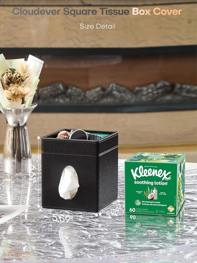 Cloudever Tissue Box Holder Cover, Modern PU Leather Square Decorative Tissue Holder Organizer-Woven New Off White
