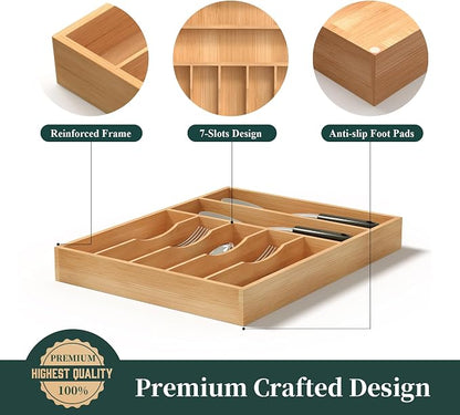 Silverware Organizer, Bamboo Kitchen Drawer Organizer, Utensil Holder, Cutlery Tray & Spoon Flatware Storage with Grooved Drawer Dividers (13''W x 17''D)