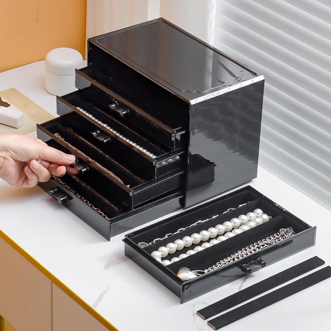YUFONG Necklace Holder Organizer, Dustproof Necklace Box Velvet Necklace Organizer Box with Lid Clear Acrylic Dustproof Stackable Jewelry Displays for Necklaces Chain Display (Black Black, 5 Drawer)