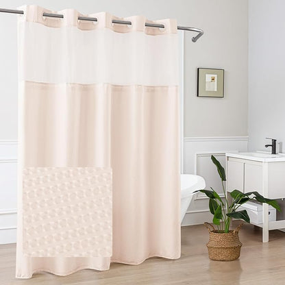 Mrs Awesome No Hook Shower Curtain with Snap-in Liner, Embossed Waffle Design Fabric Shower Curtain for Bathroom, Soft & Lightweight, 71x74, Pink