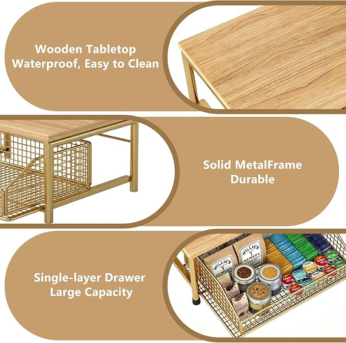 Funecy Coffee Pod Drawer Holder,Coffee Machine Storage Rack,Home Kitchen Counter Coffee Bar Organizer,Storage Basket Drawer (Gold)