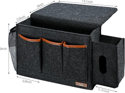 Zafit Bedside Caddy, Large Size Storage Organizer - Bedside Organizer for Magazine, Remotes, Phone (13.4'' x 18.1'' Tissue Box Holder, Dark Grey)