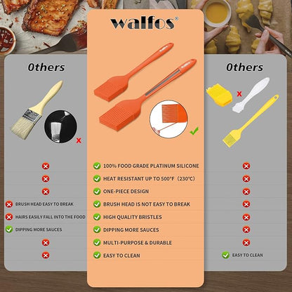 Walfos 600℉ Heat Resistasnt Pastry Brushes, BPA Free Silicone Basting Brush for Cooking, Spread Oil Butter Sauce for Baking Kitchen BBQ Grill, Dishwasher Safe, 2 Size (Large and Samll)