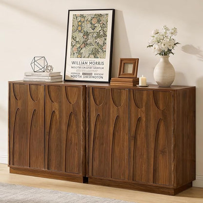 Sideboard Buffet Cabinet with Storage Set of 2, 63'' Mid Century Modern Storage Cabinet with Adjustable Shelf 4 Doors Credenza for Dining Room, Living Room, Entry (Walnut)