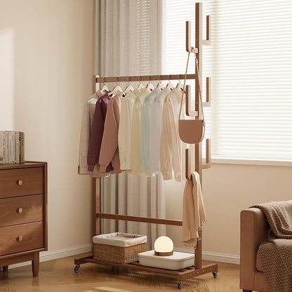 Solid Wood Clothing Rack, Rolling Clothes Racks for Hanging Clothes, Heavy Duty Garment Rack with Wheels, Hanging Rack with 6 Cactus Hooks and Storage Shelf, Easy Assembly, Walnut