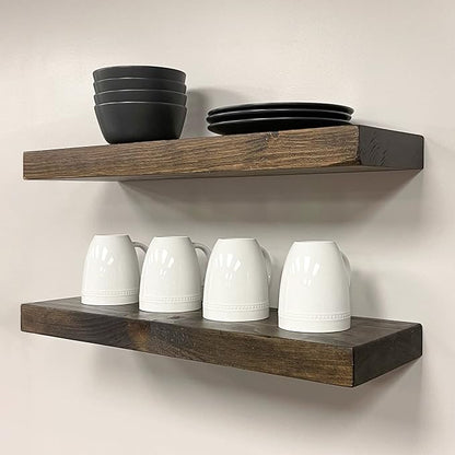 URBANDI, Rustic Floating Shelves, Set of 2, Hidden Bracket, Solid Wood, Heavy Duty, Wall Mounted Shelves, (Dark Brown, 48Wx8D)