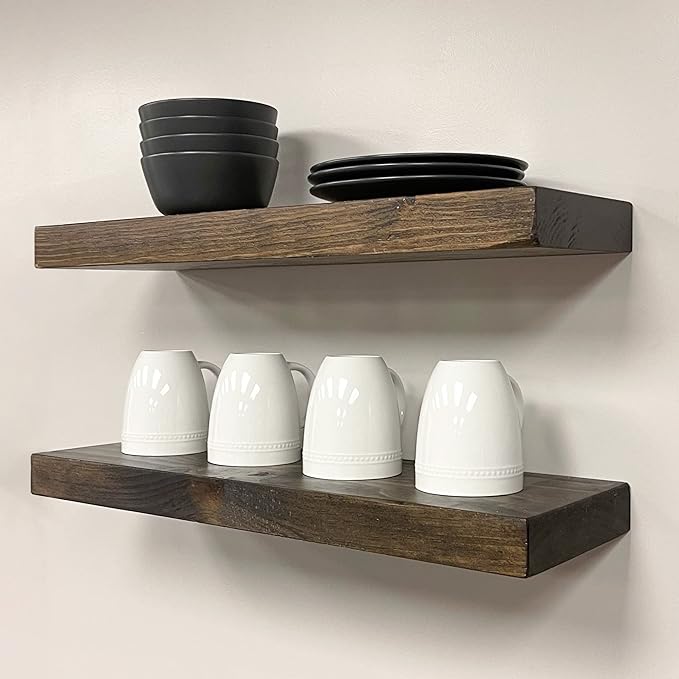 URBANDI, Rustic Floating Shelves, Set of 2, Hidden Bracket, Solid Wood, Heavy Duty, Wall Mounted Shelves, (Dark Brown, 36Wx8D)