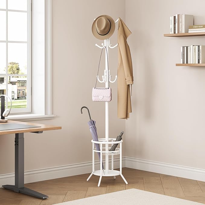 ELYKEN Coat Rack Freestanding, Metal Coat Rack Stand with Umbrella Holder, Modern Coat Tree with 12 Hooks, Floor Standing Corner Hall Tree for Entryway Living Room Bedroom Office, White