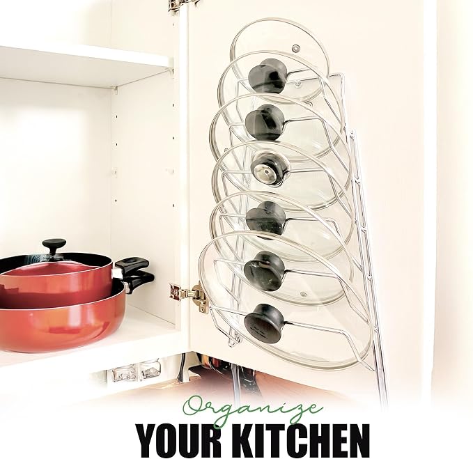 Evelots 6-Tier Pot Lid Organizer for Cabinet Door or Pantry Wall - Pots and Pans Lid Holder Rack - Glass or Metal Pan Covers Cabinet Organizer Kitchen Storage - Chrome Finished