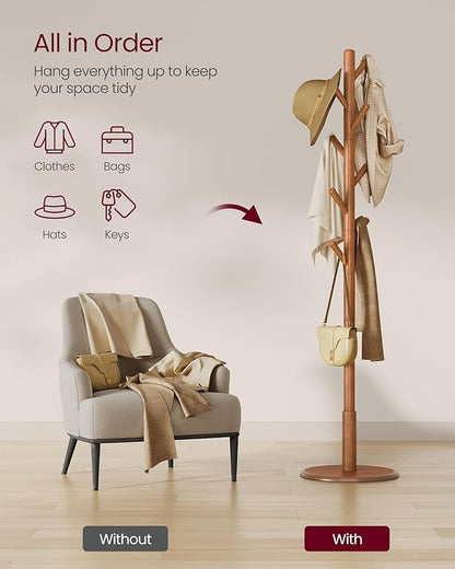 VASAGLE Solid Wood Coat Rack, Free Standing Hall Coat Tree with 8 Hooks, 3 Height Options, for Coats, Hats, Bags, Purses, for Entryway, Hallway, Rubberwood Hooks and Pole, Caramel Brown URCR009W01