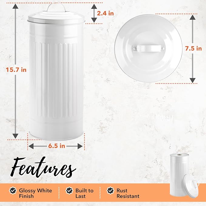 Autumn Alley White Toilet Paper Holder Canister with Lid – Vertical Rustproof Free-Standing Farmhouse Metal Toilet Tissue Caddy for 3 Mega Rolls, Rustic Enclosed Toilet Storage Stand