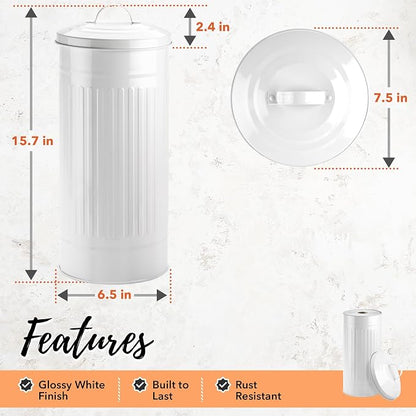 Autumn Alley White Toilet Paper Holder Canister with Lid – Vertical Rustproof Free-Standing Farmhouse Metal Toilet Tissue Caddy for 3 Mega Rolls, Rustic Enclosed Toilet Storage Stand