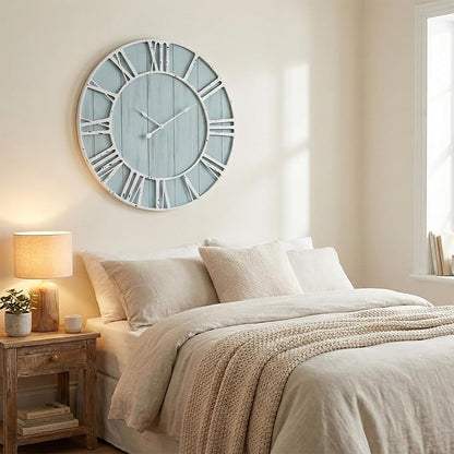 EMAX HOME Large Farmhouse Wall Clock 30 Inch Vintage Blue Wooden Wall Clock with Quiet Ticking and Minimalist Roman Numerals for Bedroom Living Room Office Kitchen Home Decor, Battery Operated